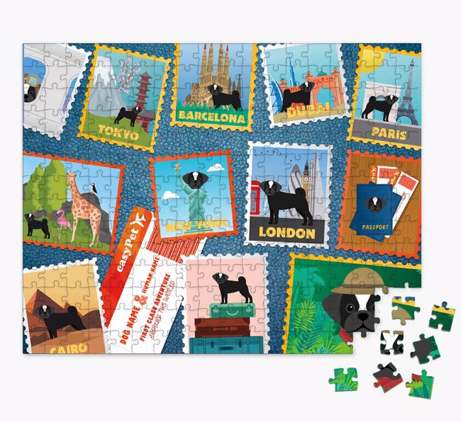 Around The World Adventure: Personalized {breedFullName} Jigsaw